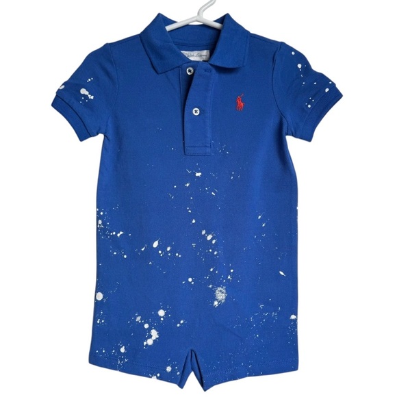 Ralph Lauren Other - Ralph Lauren Paint Splatter Polo Mesh Shortall Romper Baby 9M Pony Logo Blue NWT